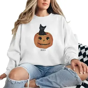 Vintage Halloween Pumpkin Sweatshirt, Black cat print, Mommy and me Cotton Womenswear Crewneck