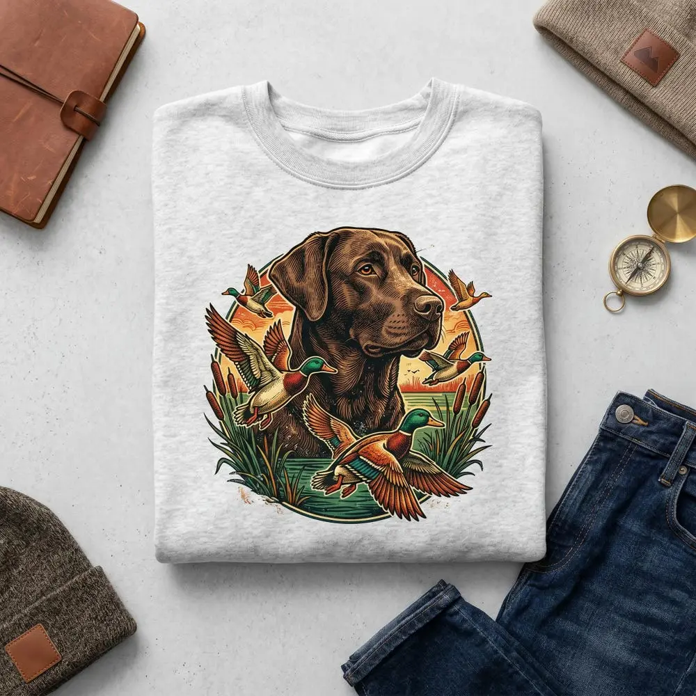Chocolate Lab Hunting Dog Sweatshirt: Mallard Ducks Nature Pullover Apparel#360