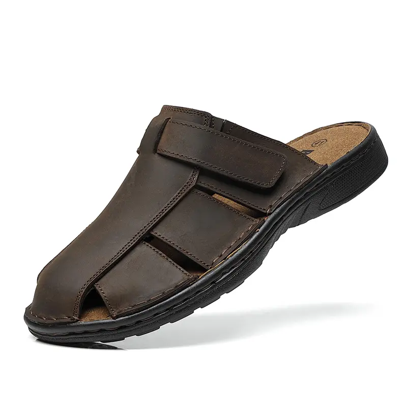 Men's Casual Leather Slides, Open-Toe Plain Footwear in Top-Grain Cowhide with a Supportive Polyurethane (PU) Sole, Shoes, Ankle Khaki