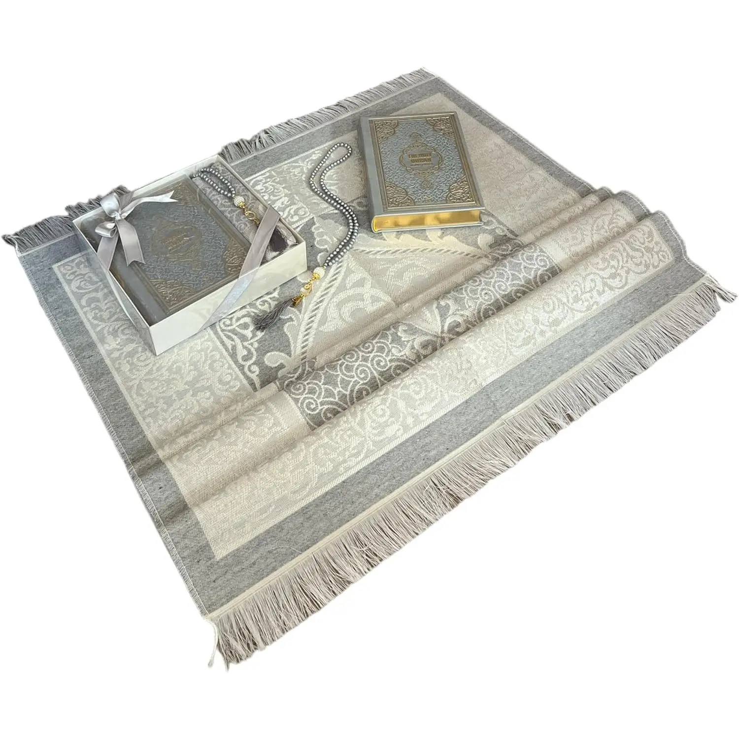 English Translate Thermo Leather Covered Quran,Tafta Prayer Mat and Beads Set |Quran Size:8x5.5x1.2 Inch/20x14x3cm | Muslim Prayer Mat | Ramadan Gift