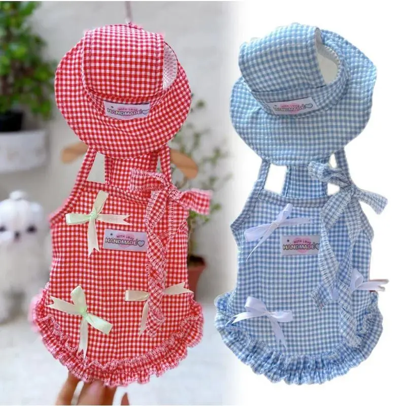 Small Breed Dog 2-Piece Checkered Outfit Set - Stylish Comfortable Dress & Hat, Fits XS-XL, All Seasons, Ideal for Maltese, Bichon