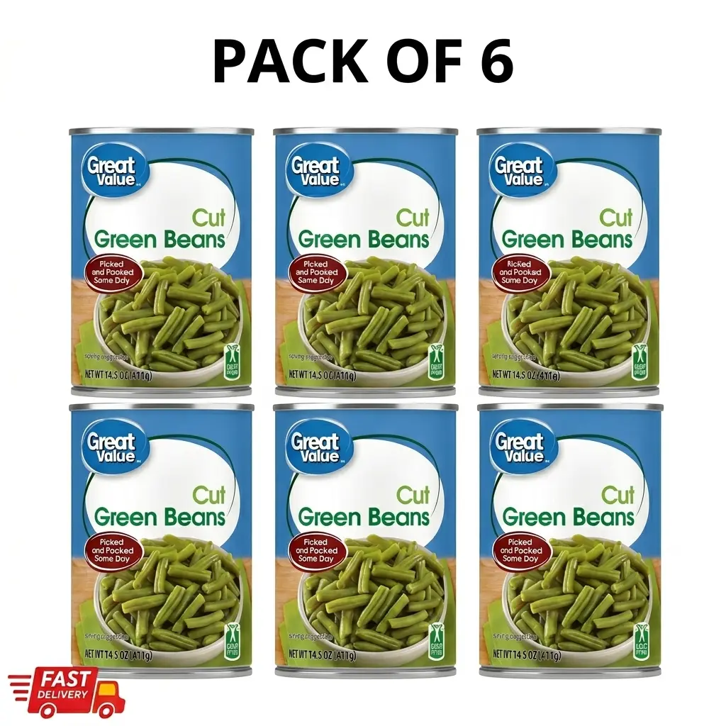 6 Cans of Great Value Cut Green Beans 14.5 oz Can each can Protein Fiber Grain
