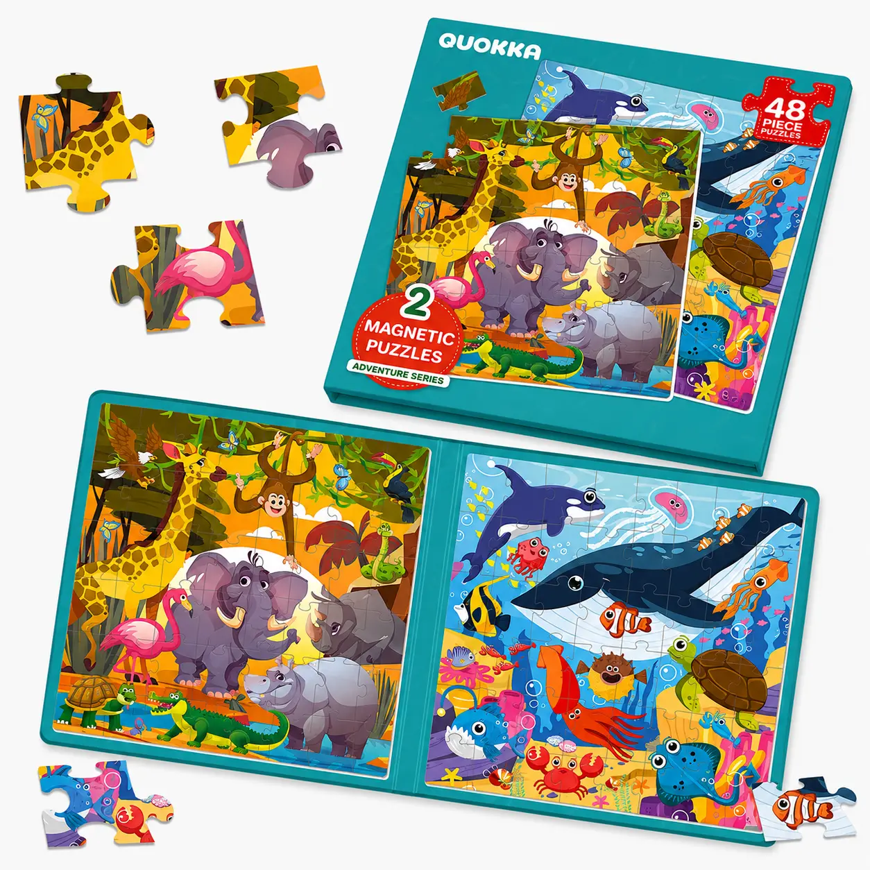 QUOKKA Magnetic Puzzles Book - 2x48 Toy Jigsaw Puzzles, Shape Recognition Puzzles for Kids, Travel Toy for Road Trips, Fine Motor Skills Builder (Africa, Ocean Animals) Wooden Jigsaw Puzzle Magnetic Cubes