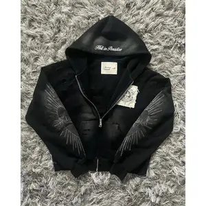 Newin Paradise Street Retro Gothic Style Zip Up Hoodie Embroidery Patchwork Hoodies Loose Sweatshirt Men Clothing Menswear Sleeve