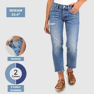 Flamingals Raw Hem Ripped Mid Rise Straight Leg Crop Jeans Women's Fashion Summer Vibes
