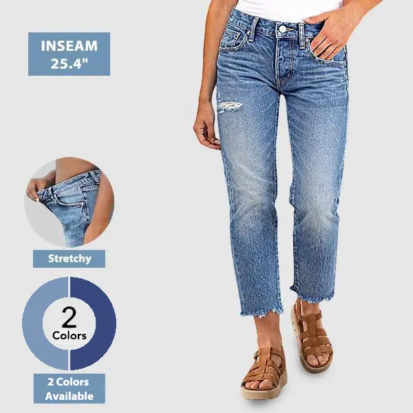 Flamingals Raw Hem Ripped Mid Rise Straight Leg Crop Jeans Women's Fashion Summer Vibes Flamingals Raw Hem Ripped Mid Rise Straight Leg Crop Jeans Women's Fashion Summer Vibes