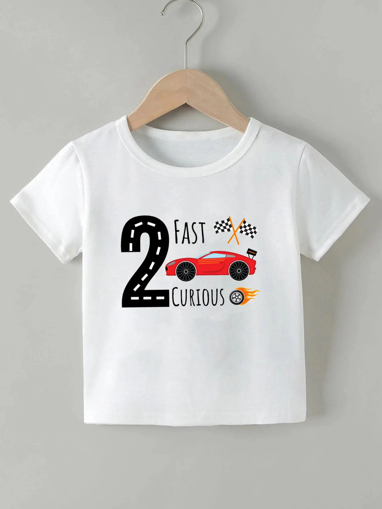 Toddler Boys' Fitted Short-Sleeve White Tee - Breathable Fabric, Race Car Design, "2 Fast 2 Curious" Graphic Slogan, 2nd Birthday Car-Themed Top