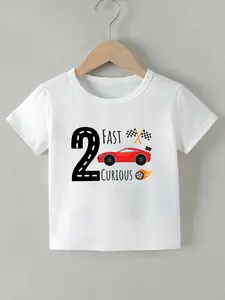 Toddler Boys' Fitted Short-Sleeve White T-Shirt - Race Car Design, Breathable Fabric, "2 Fast 2 Curious" Graphic Slogan Print, 2nd Birthday Tee, White Tee