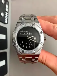 Men's Steel Band Watch, Round Dial Design, Graffiti Number Pattern, Casual Vintage Fashion, Analog Quartz Movement, Buckle Closure, Stainless Steel Wristwatch