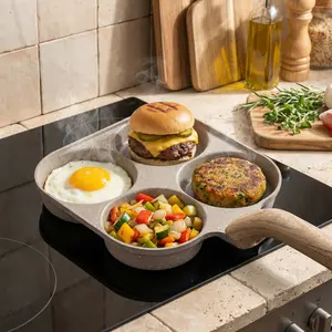 LIQUIDATION PRICE DROP! Multifunctional Non-stick Egg Frying Pan, 4 Holes Skillet with Wood Handle, Medical Stone Omelet Maker for Perfect Burgers & Quick Cooking, 3-in-1 Divided Grill Pan, Essential Cooking Tools, Household Nonstick Fry Pan