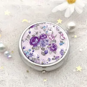Flower Pattern Round Pill Box, 1 Count 3 Grids Mini Decorative Pocket Jewelry Storage Box, Portable Travel Holder Medical Organizer for Medicine Tablet Vitamin