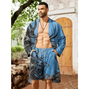 American flag camouflage print men's long cardigan and shorts set, a must-have spring/summer trendy outfit for young men, American pattern, high-quality, durable, casual, stylish, breathable, comfortable, and cool