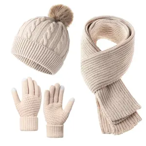 3PCS Womens Winter Knit Hat Scarf and Golves Set Fleece Lined Pom Beanie Kint Scarf Christmas Gift Sets