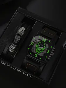 Men's Business Fashion Casual Analog Quartz Watch Set 2pcs, Luminous Dial, Ghost Head Bracelet, Perfect Gift for Birthday Halloween Thanksgiving