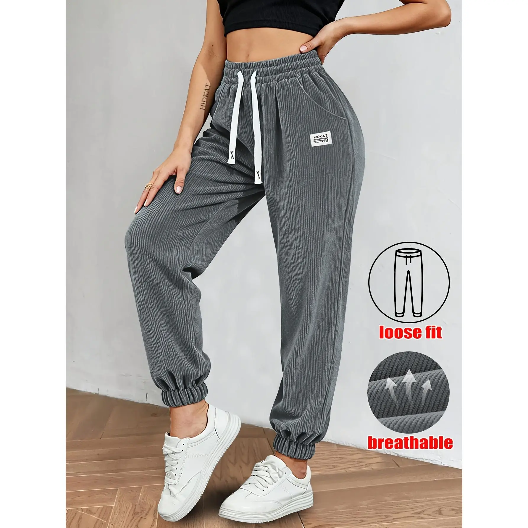 Women's Spring/Fall Corduroy Activewear Pants Solid Color with Drawstring and Pockets Soft Comfortable Fabric for Daily Casual Wear Spring/Fall Women's Cuffed Pants Elastic Waistband with Drawstring Solid Color Casual Pants