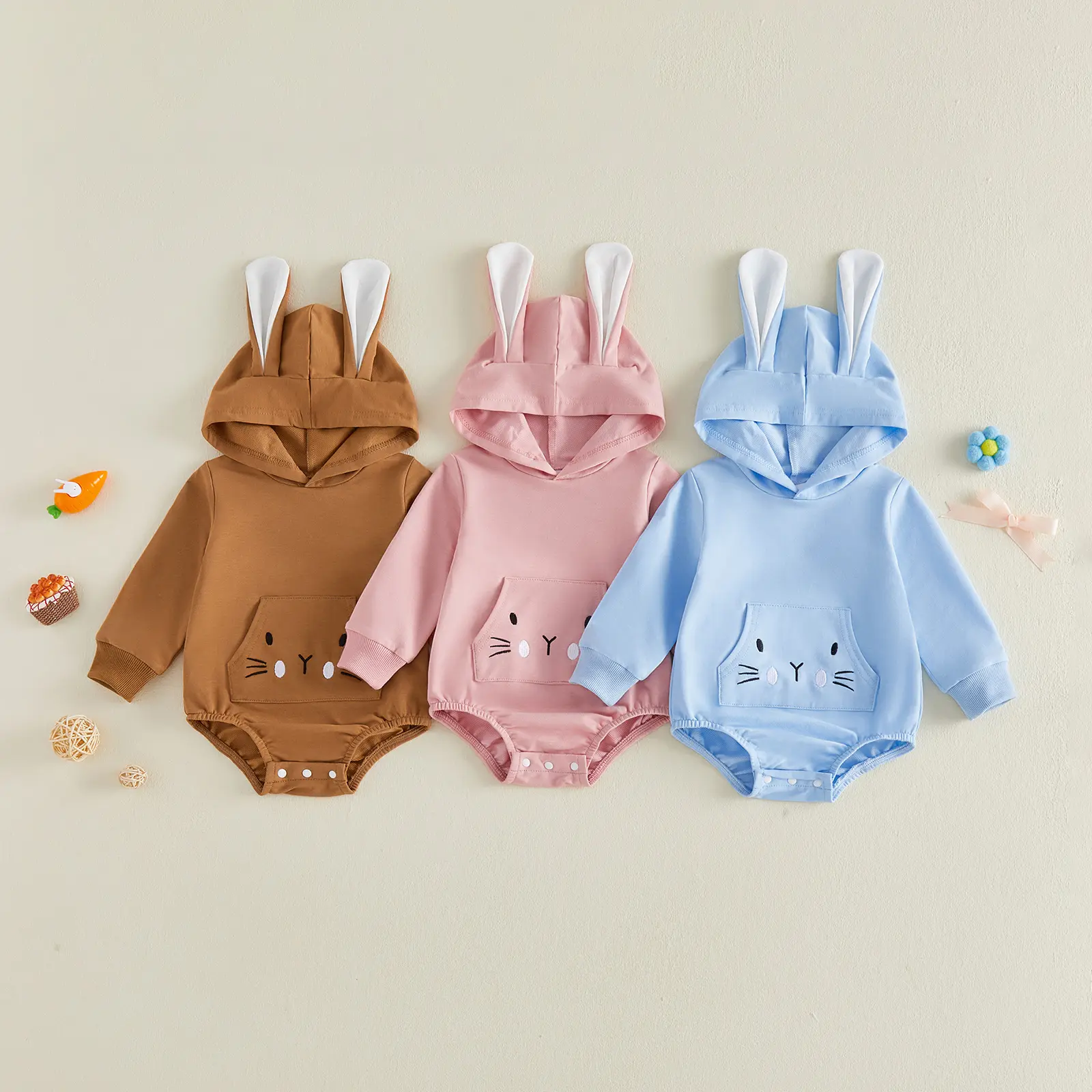 Infant Baby Boy Girl Easter Hooded Romper with Bunny Ears Embroidered Long Sleeve Jumpsuit with Pocket Clothes 0-24 Months