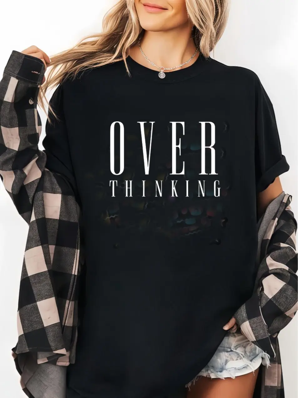 Over Thinking Minimal White Letter Graphic T-Shirt, Simple Aesthetic Typography Print Casual Tee, Trendy Unisex Short Sleeve Top Gift For Overthinkers Introverts KT0433