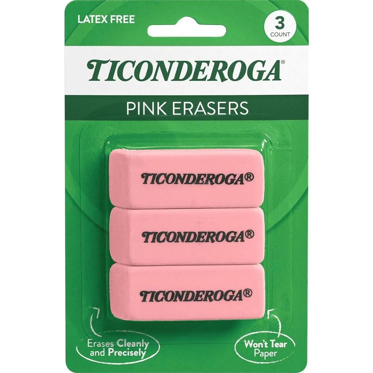 Ticonderoga Wedge Erasers, Pink, 3 Count