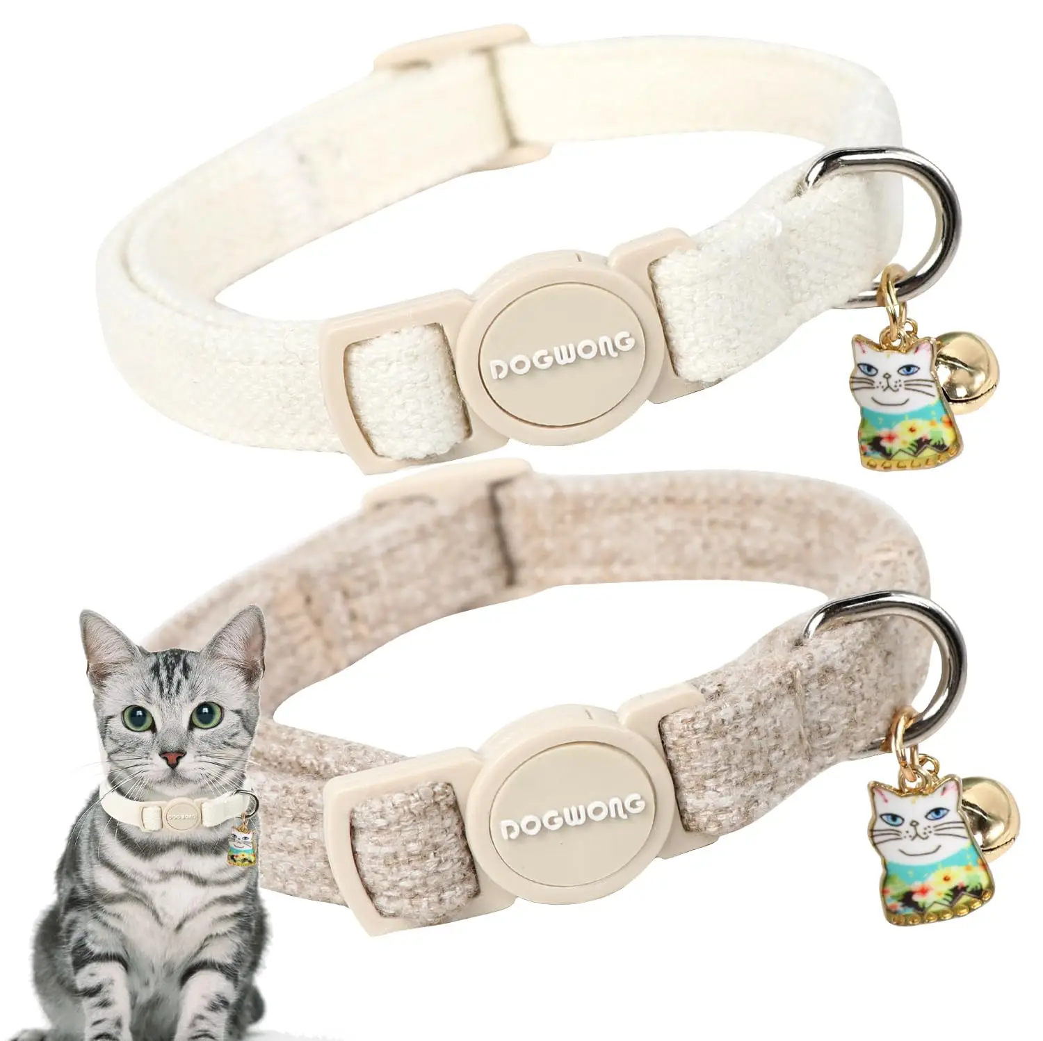 Cat Collar, 2 Pack White Hemp Breakaway Collars with Bell, DOGWONG Safety Buckle, Adjustable 7-12", Wedding Collar for Cats & Small Dogs, Pet Supplies