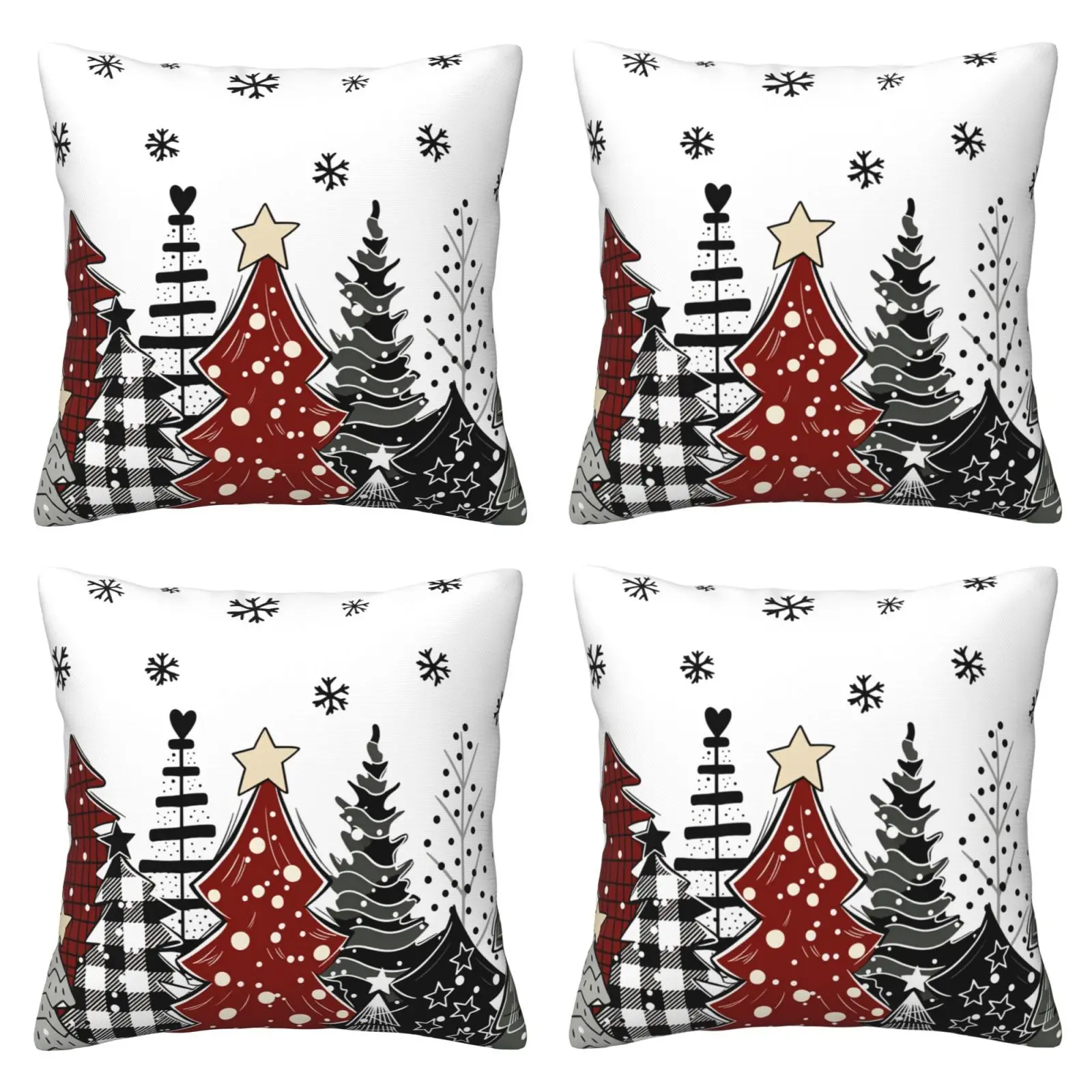 Christmas Pillow Set with Red, Black, Grey Christmas Tree Pattern Pillow Set, Christmas Snowflake Holiday Outdoor Decoration Farmhouse Winter Decoration Cushion Set, Suitable for Home Sofa Beds, 4-piece Set with Double sided Printing
