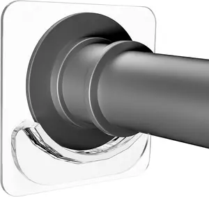 2 Pack Adhesive Curtain Rod Holders, No Drilling Shower Curtain Tension Rod Support Holder, Transparent Clear Durable Bathroom Rod Bracket