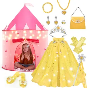 15Pcs Princess Castle Play Tent Dress Up with LED Glow in The Dark Stars for Little Girls－Princess Dress Up Cape with Crown,Girl Play Tent/House Toy for Indoor & Outdoor Use (Yellow)