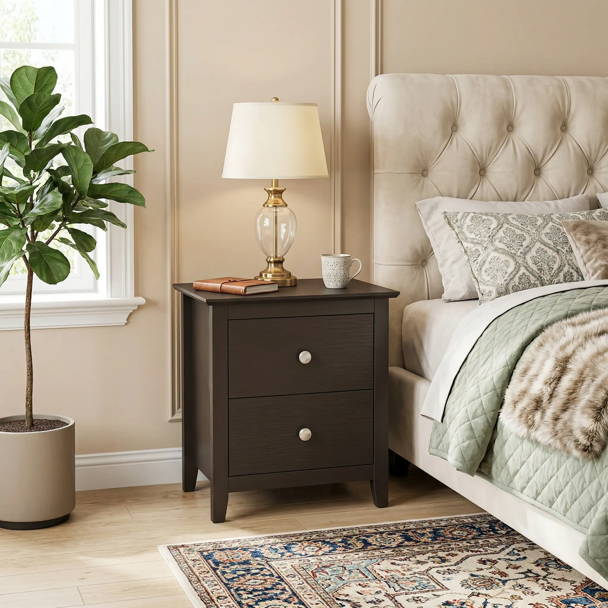 Spaco Modern Nightstand with 2 Drawers - Brown Wooden Assembled Exquisite Flat-Top Multi-Purpose Bedside Table with Storage, Small Space End Table, Bedroom Furniture, Assembled Bedside Tables