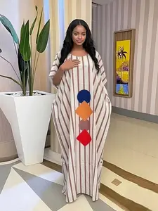 2026 Top selling African Kafotan Women's Striped Robe with Pink and White Stripes, Geometric Printed Pattern Design, Loose Bat Sleeves, Large Size Dress, Daily Leisure Vacation, Beach