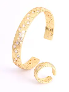 2pcs Hexagonal Honeycomb Design, 18k Gold-Plated Copper Zircon Jewelry Set, Unisex Elegant Bracelet & Ring for Daily Wear