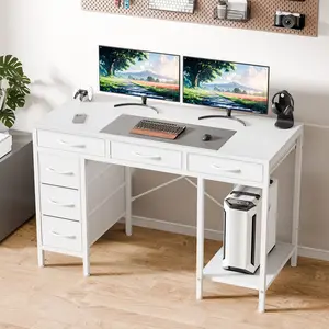 55Inch Computer Desk with 6 Drawers, Home Office Gaming Desks with Storage Shelves for Bedroom, Writing Study Corner Living Room Work Table Rustic Brown