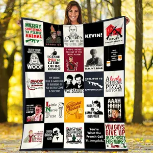 Home Alone Themed Christmas Blanket Featuring Kevin, Wet Bandits, Fuller Harry Lyme Marv Murchins pizza battle plan and iconic quotes. Cozy Soft Festive Perfect For Holiday DéCor, Movie Nights As A Fun Christmas Gift For Family Fans Of The Classic Film