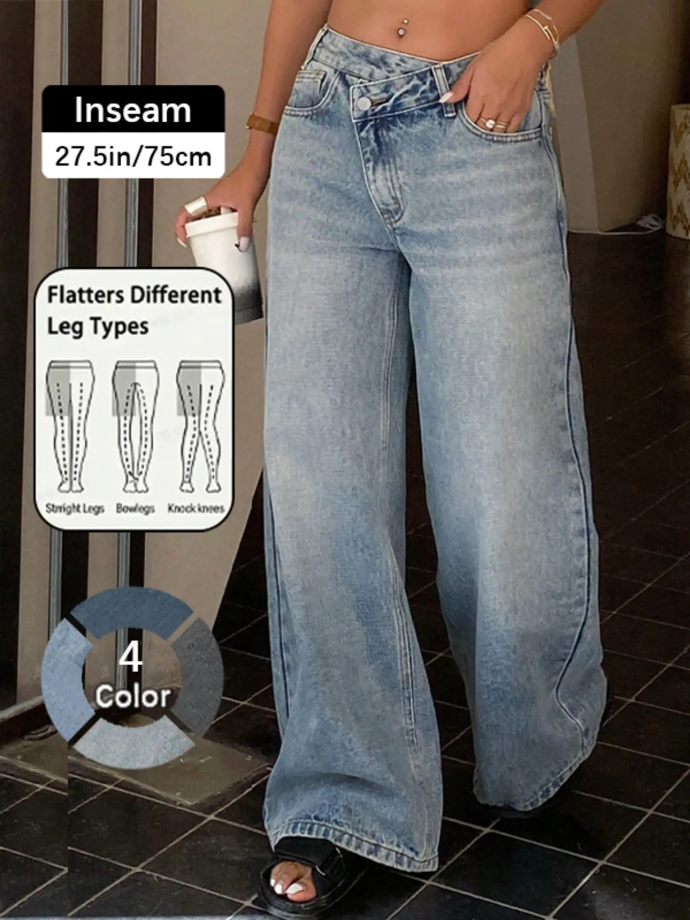Women's Asymmetrical Low Waist Wide Leg Light Wash Denim Look Jeans Pants, Denim Bottom, Zipper Pocket Design, Casual Fashion Trousers for All Seasons, Limited Time Purchase
