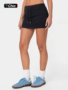 High-Waisted Adjustable Drawstring Skirt, Sporty Fitted Style, Plain Pattern, Ideal for Daily Commute, Fitness, Dates