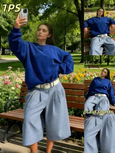 Women's Blue Plaid Wide-Leg Pants, Fashion Casual Loose Fit High-Waisted Long Pants, Street Style All-Season Wear, Casual Lounge Pant