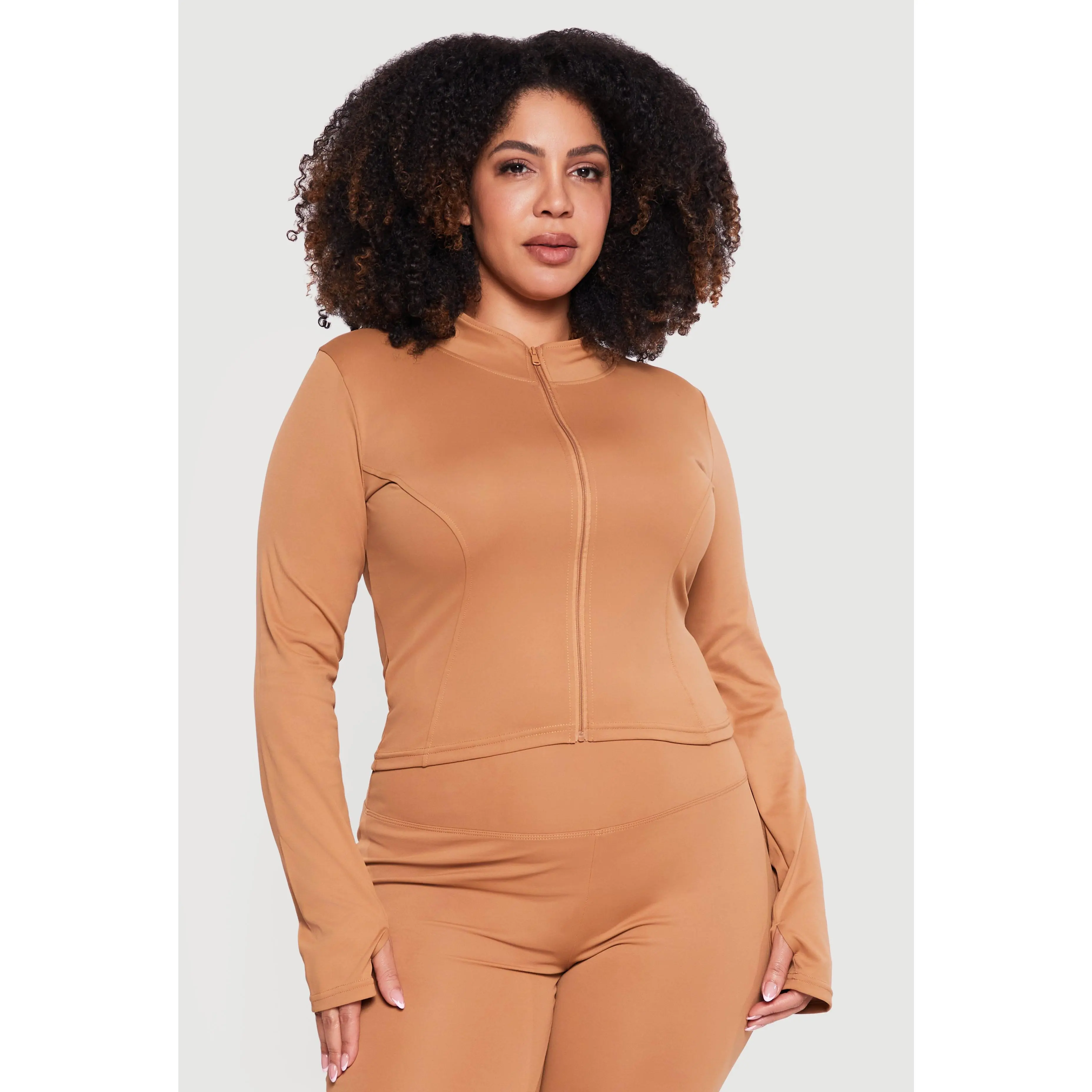 Plus Size Zip Front Mock Neck Active Jacket with Thumb Holes