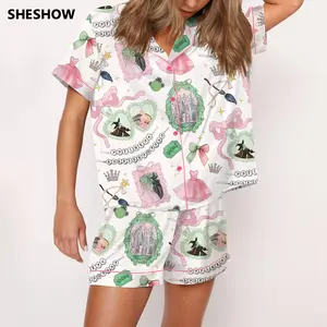 SHESHOW Coquette Bow Wicked Silky Satin Pajama Set For Women Print Comfy Satin Sleepwear & Loungewear Pjs Printing Silky Top & Bottoms