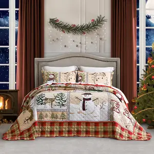 HZ & HY Christmas Oversized Bedspread King Size, Snowman Pattern Bedding Quilt, Rustic Lodge Plaid Patchwork Coverlet Set, Lightweight & Soft Microfiber, 3 Piece