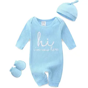 Baby Romper with Baby Mittens & Newborn Hats Footless Long Sleeve Solid Onesie Hi Im New Here