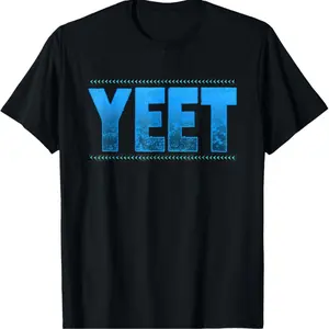 men gifts [100% Cotton] Bold Yeet Graphic T-Shirt With Distressed Blue Lettering And Triangle Accents.