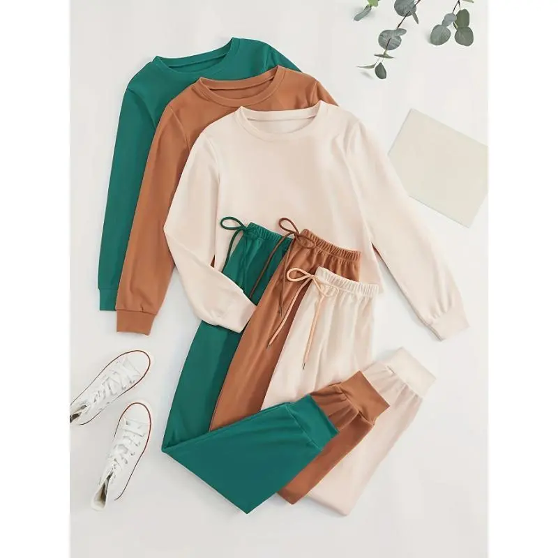 Women's Basic 3-Piece Matching Lounge Sets - Longsleeves Crew Neck Tops & Belted Jogger Pants for Women, Relaxed Fit Soft Polyester Clothes, Machine Washable Fall-Winter Pajama Set, Sport Loungewear
