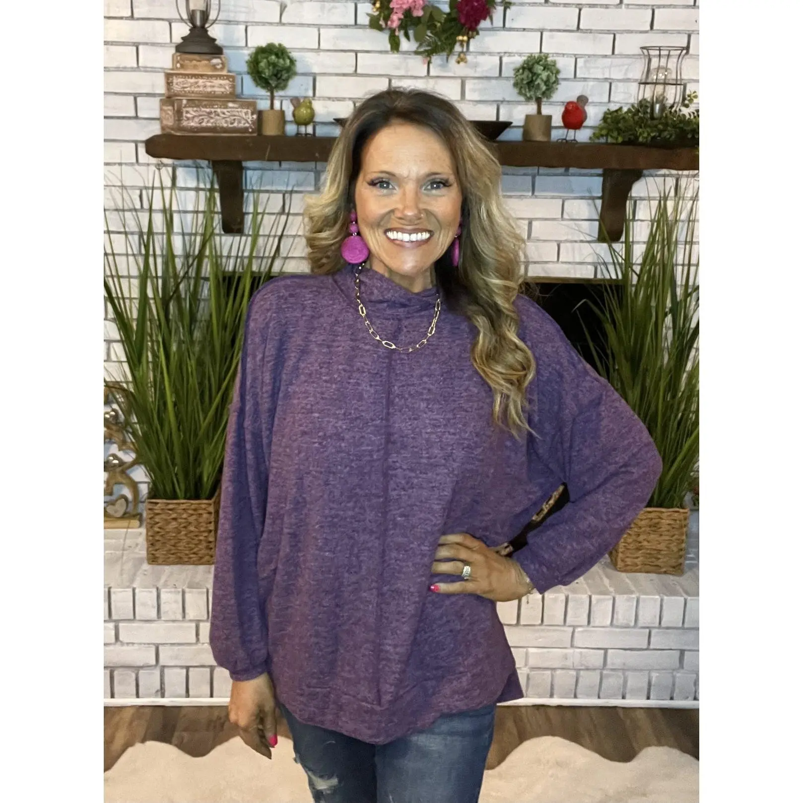 Dark Plum Brushed Melange Drop Shoulder Hi Lo Top