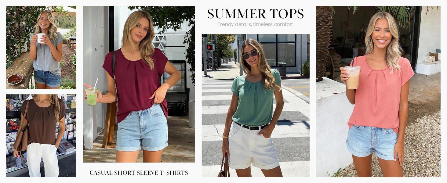 PrettyGarden Pleated Crew Neck Basic T Shirts Womens Tops Dressy Casual Summer Short Sleeve Blouses Spring Clothes#SummerVibes