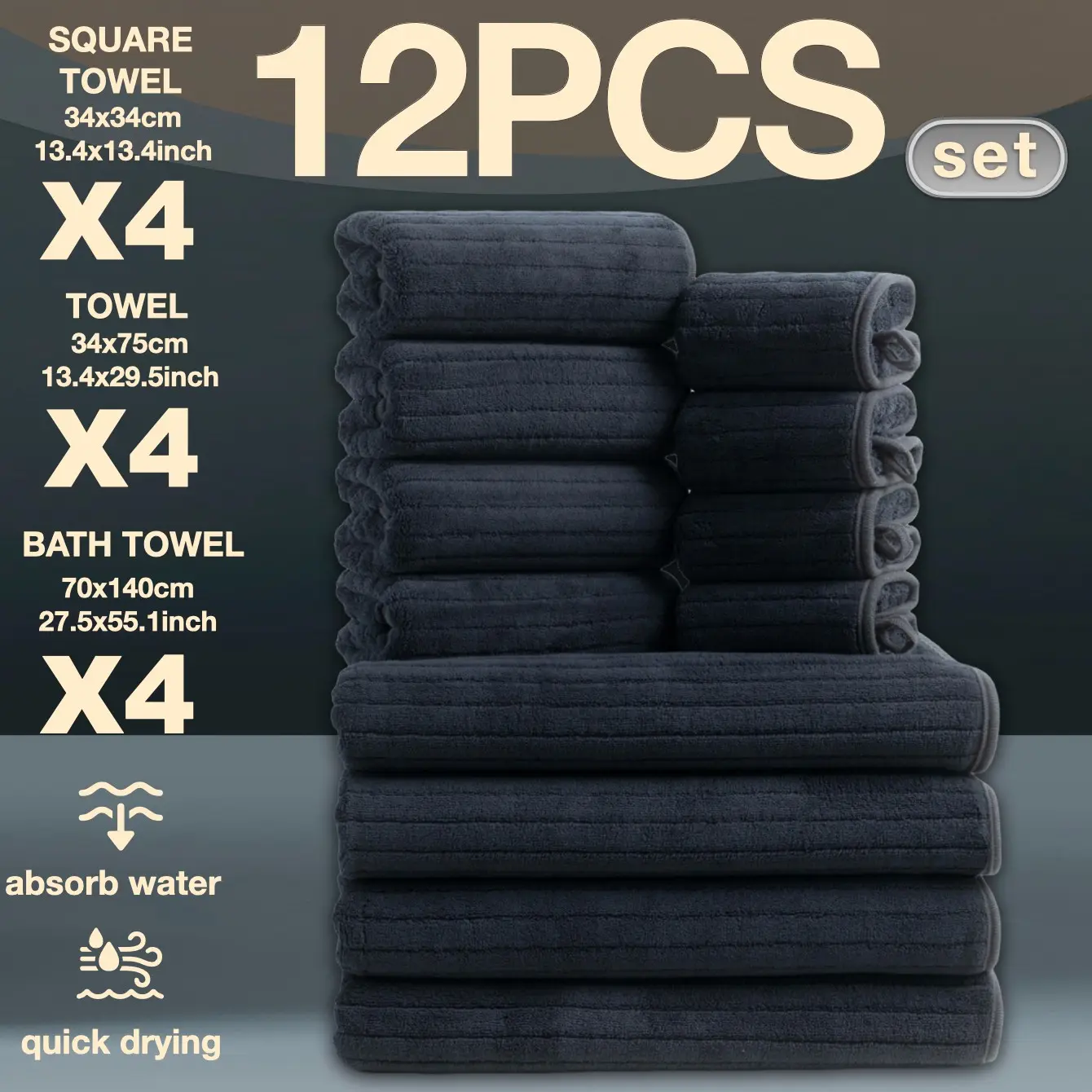 12-Piece Luxury Bathroom Set, High-Quality Ultra-Fine Fiber Towels, Quick-Dry, Soft, Durable, Hotel-Grade, Ideal for Home, School, Gym, Spa