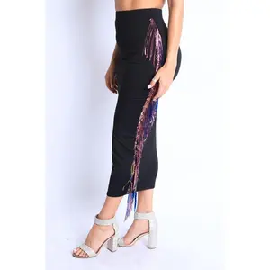 11122021 Black Sequins Fringe Maxi Skirt