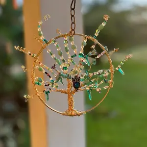 3-D Tree of Life's Beaded Ornament with Gold Wire Frame and Multicolor Beads for Home Decor