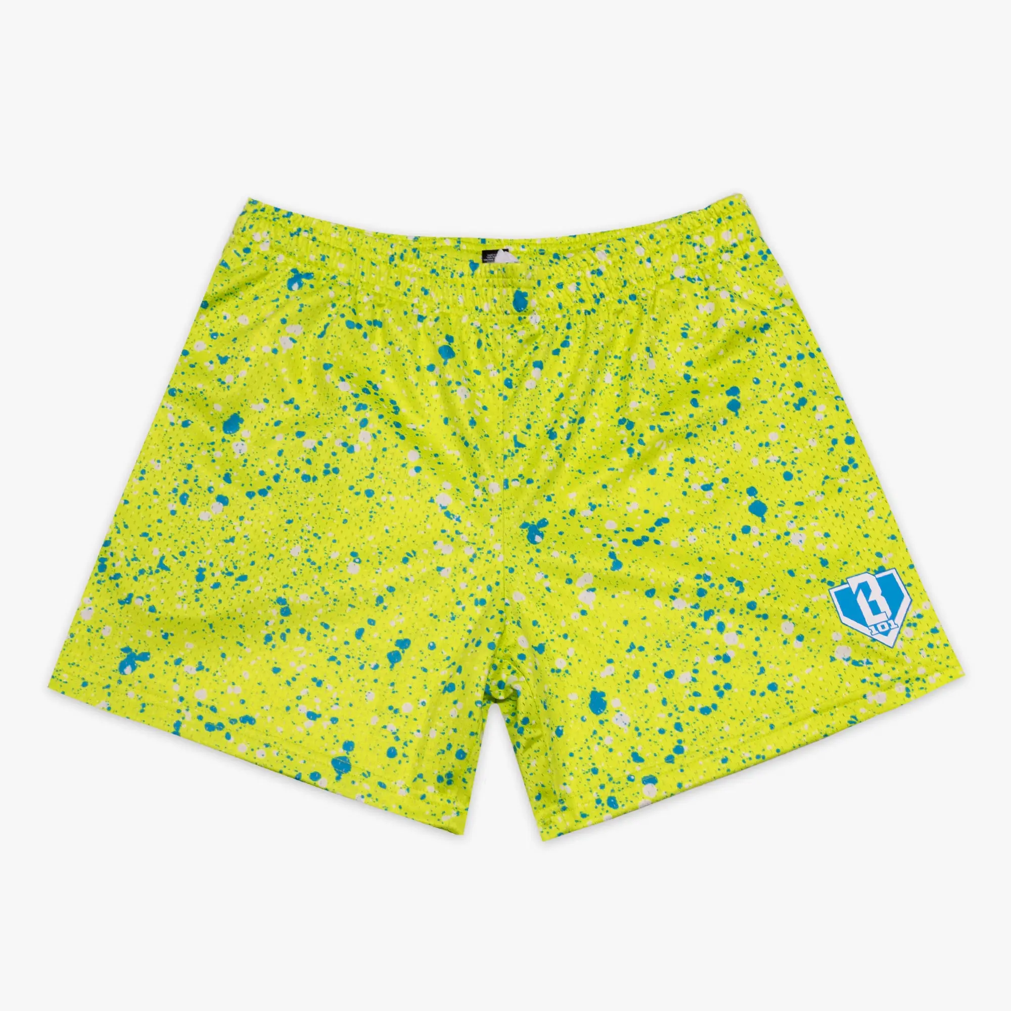 Highlighter Yellow Splatter Shorts, Neon Abstract Mesh Shorts, Summer Beach Casual Vacation Shorts