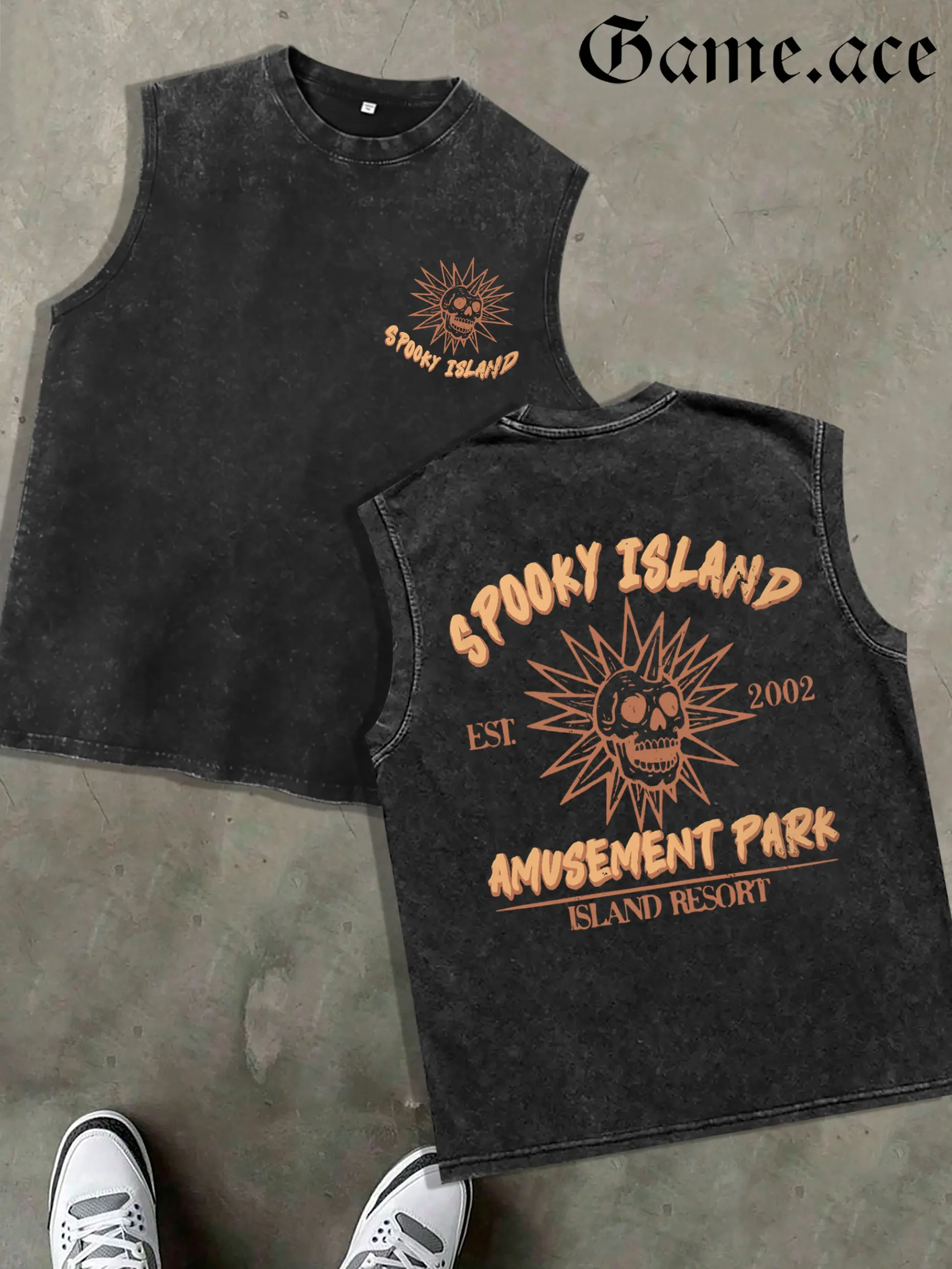 1 PCS Retro Washed Black Sleeveless Tank Top, Back "Spooky Island Amusement Park" Skull Graphic, Vintage Horror Streetwear Style, 100% Cotton Unisex Oversized Vest, Casual Hangouts, Great Gift for Retro & Spooky Fans