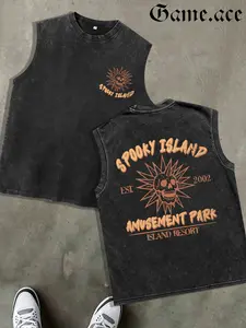 1 PCS Retro Washed Black Sleeveless Tank Top, Back "Spooky Island Amusement Park" Skull Graphic, Vintage Horror Streetwear Style, 100% Cotton Unisex Oversized Vest, Casual Hangouts, Great Gift for Retro & Spooky Fans