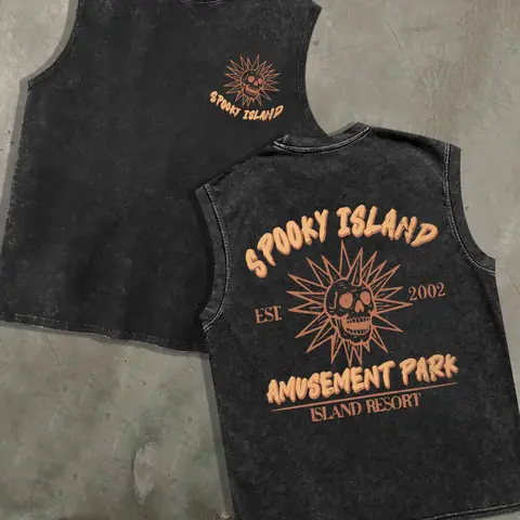 1 PCS Retro Washed Black Sleeveless Tank Top, Back "Spooky Island Amusement Park" Skull Graphic, Vintage Horror Streetwear Style, 100% Cotton Unisex Oversized Vest, Casual Hangouts, Great Gift for Retro & Spooky Fans