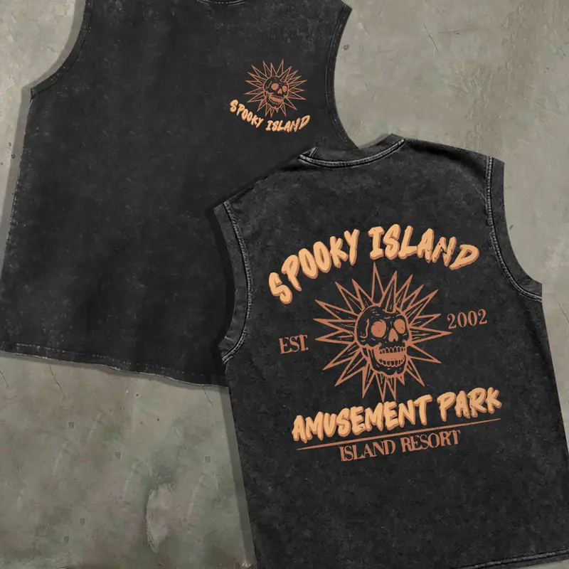 1 PCS Retro Washed Black Sleeveless Tank Top, Back "Spooky Island Amusement Park" Skull Graphic, Vintage Horror Streetwear Style, 100% Cotton Unisex Oversized Vest, Casual Hangouts, Great Gift for Retro & Spooky Fans